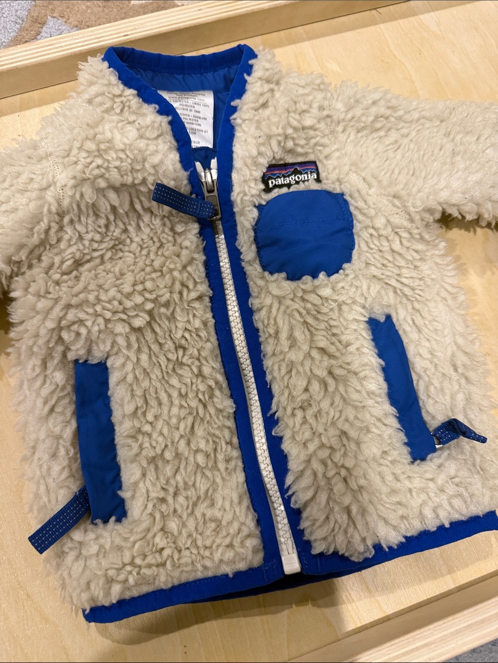 Patagonia Cream Sherpa Kids' Jacket with Blue Trim